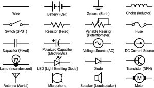 Image shows Electronic Circuit Schematic Symbols Icon Set with Resistor, Capacitor, Transistor, Diode, Battery, and Switch Vector Elements