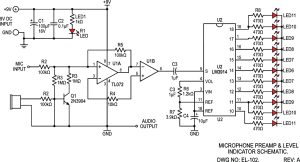 Microphone Preamp and Level Indicator Schematic Circuit Diagram Vector with Integrated Circuits, Resistors, Capacitors and LED Light Emitting Diodes Technical Blueprint Design