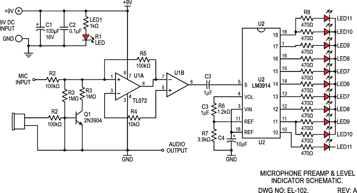 Microphone Preamp and Level Indicator Schematic Circuit Diagram Vector with Integrated Circuits, Resistors, Capacitors and LED Light Emitting Diodes Technical Blueprint Design